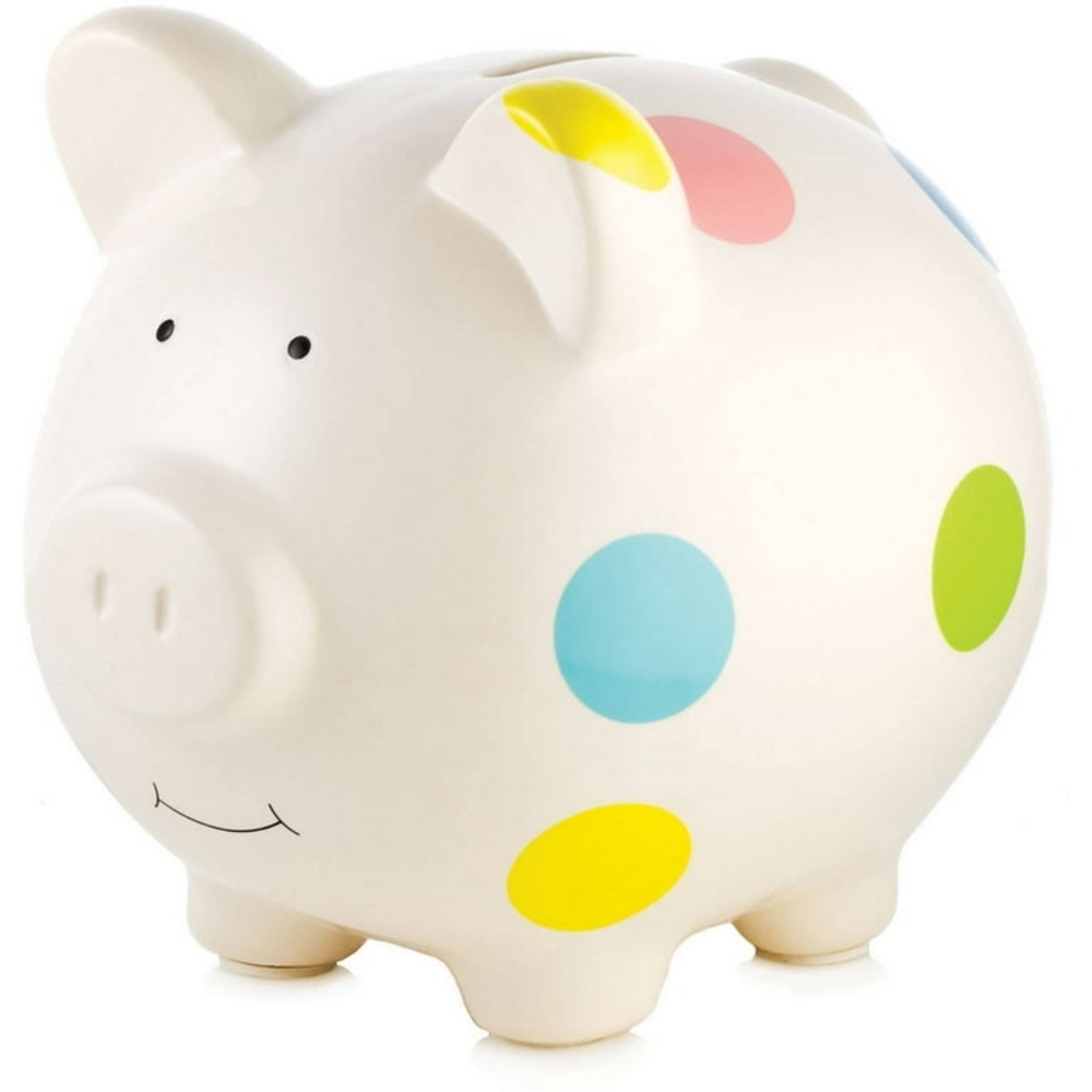 PEARHEAD Ceramic Piggy Bank for Kids, White with Multicolored Polka Dots NWT
